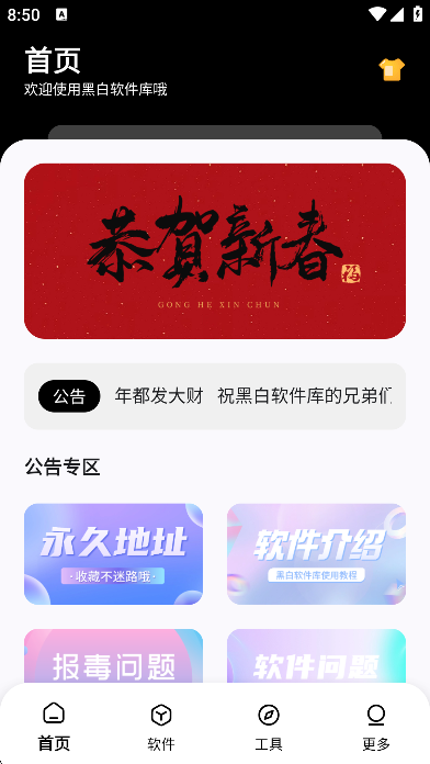 黑白软件库首页截图：公告专区与分类导航